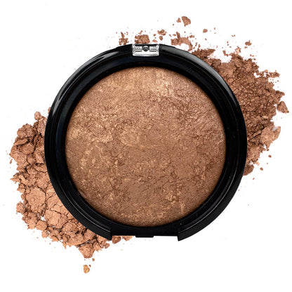 Highly pigmented baked bronzer makeup swatch on medium skin tone