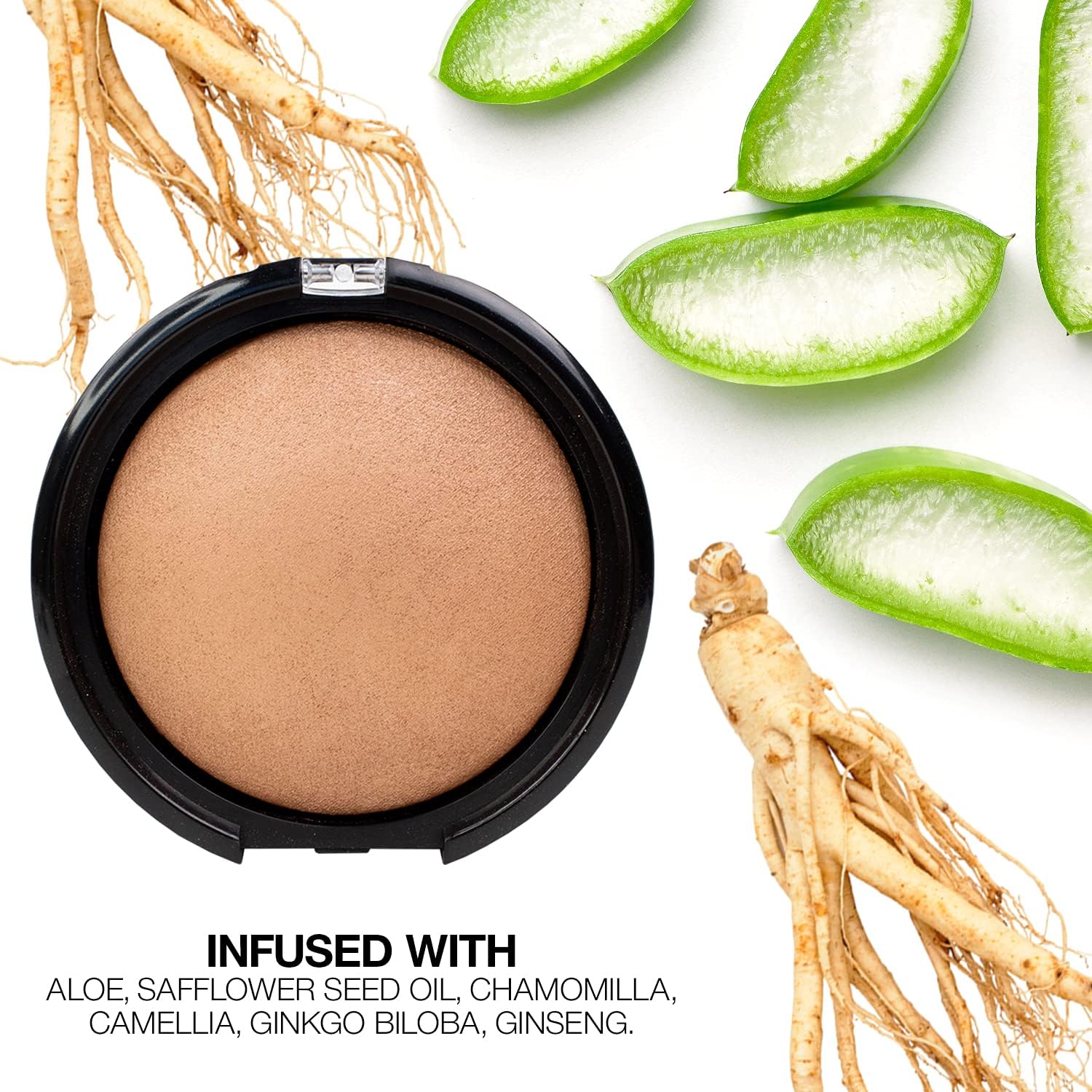 Botanical infused face bronzer compact with aloe and chamomile graphics