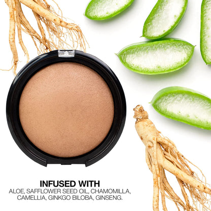 Botanical infused face bronzer compact with aloe and chamomile graphics
