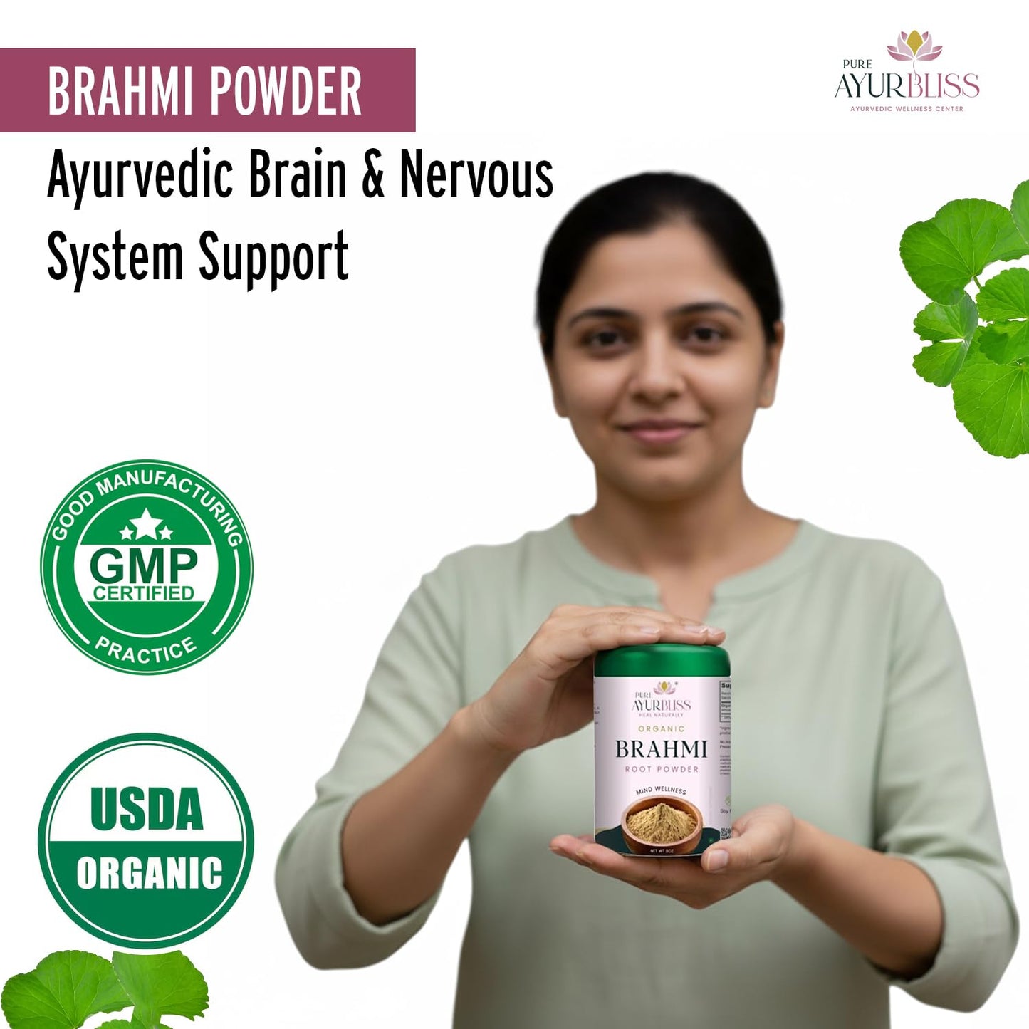 Natural Ayurvedic cognitive support supplement pure herbal powder side view