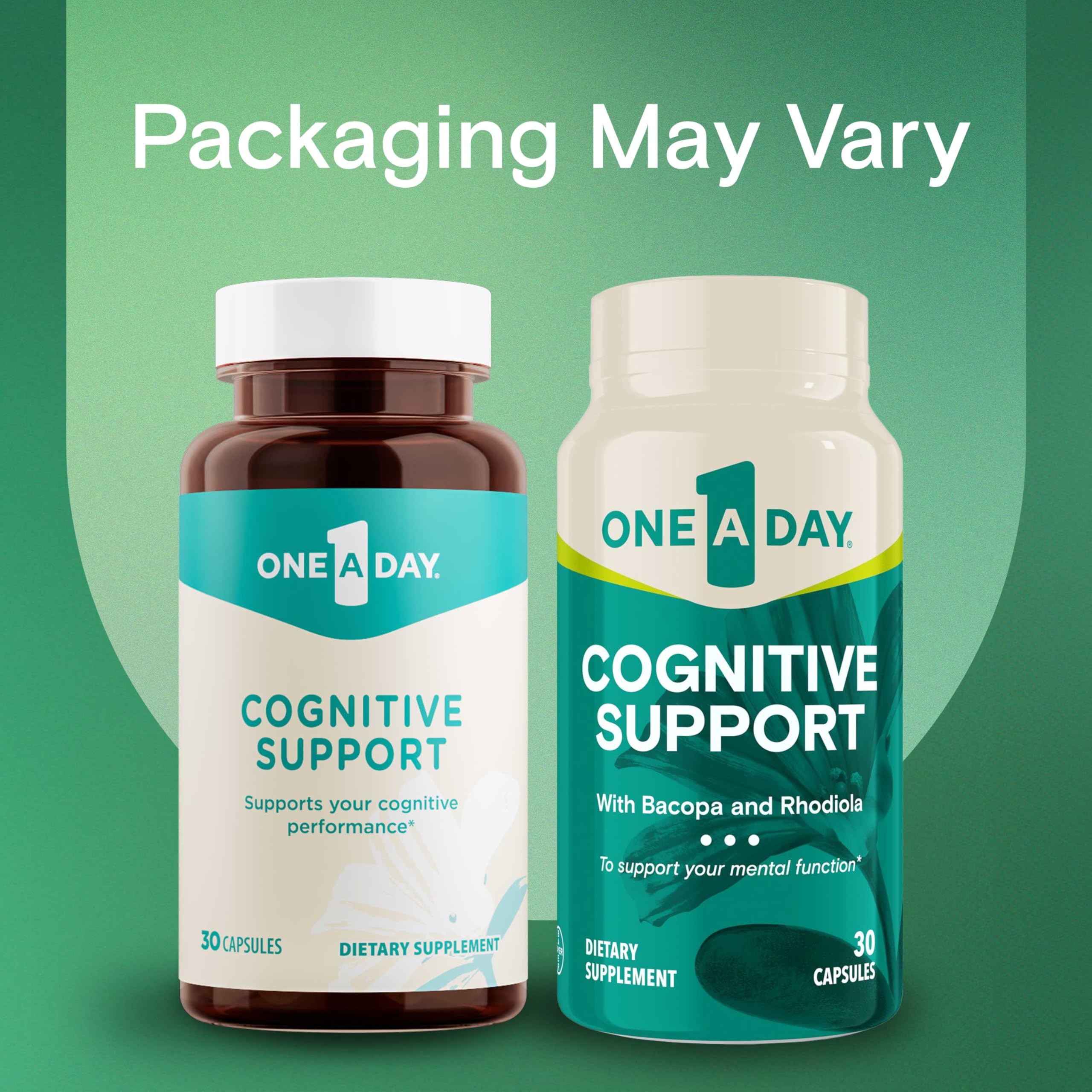 One A Day brain supplement capsule bottle displaying Bacopa Monnieri ingredient facts