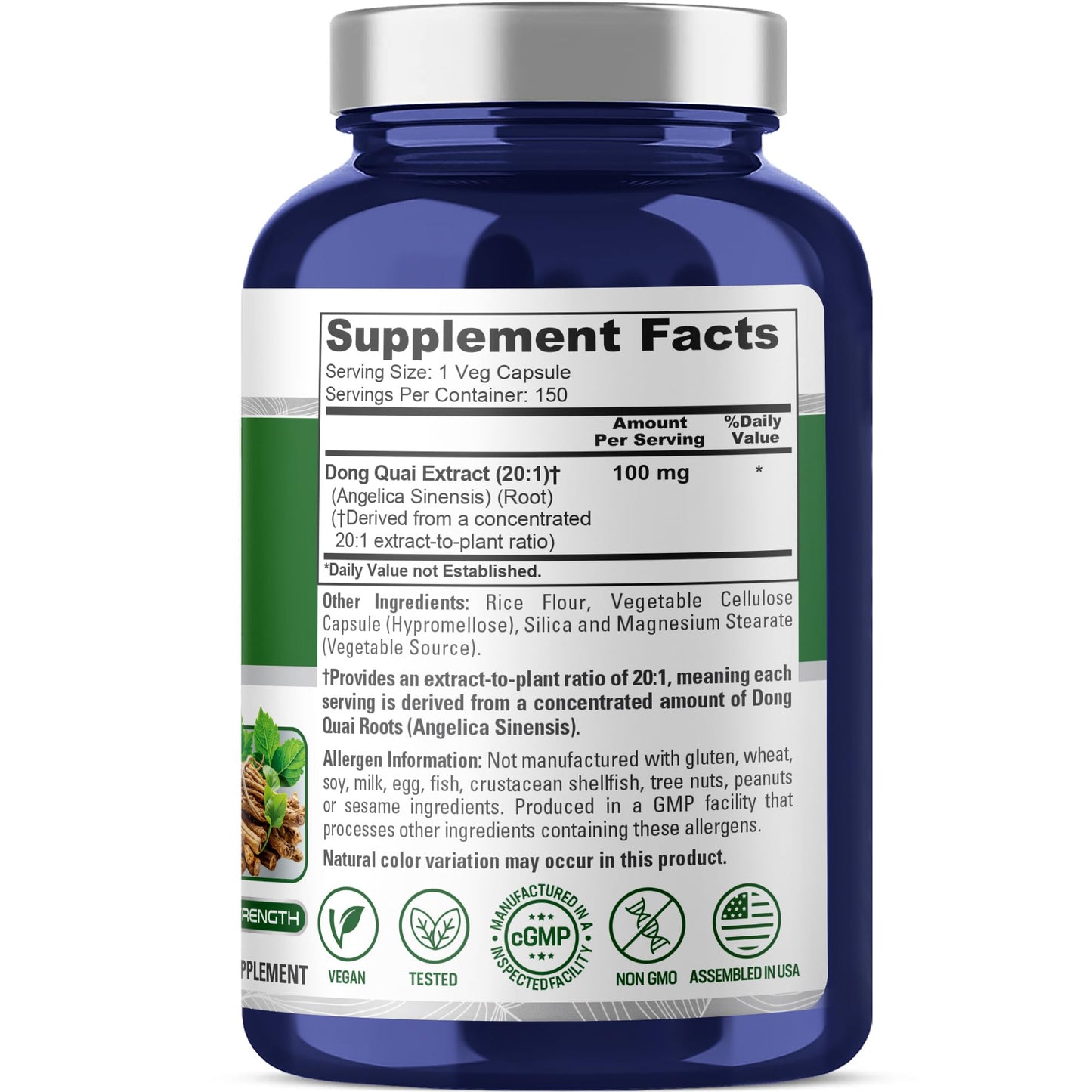 NusaPure Dong Quai supplement facts panel showing ingredient dosage and root extract ratio.