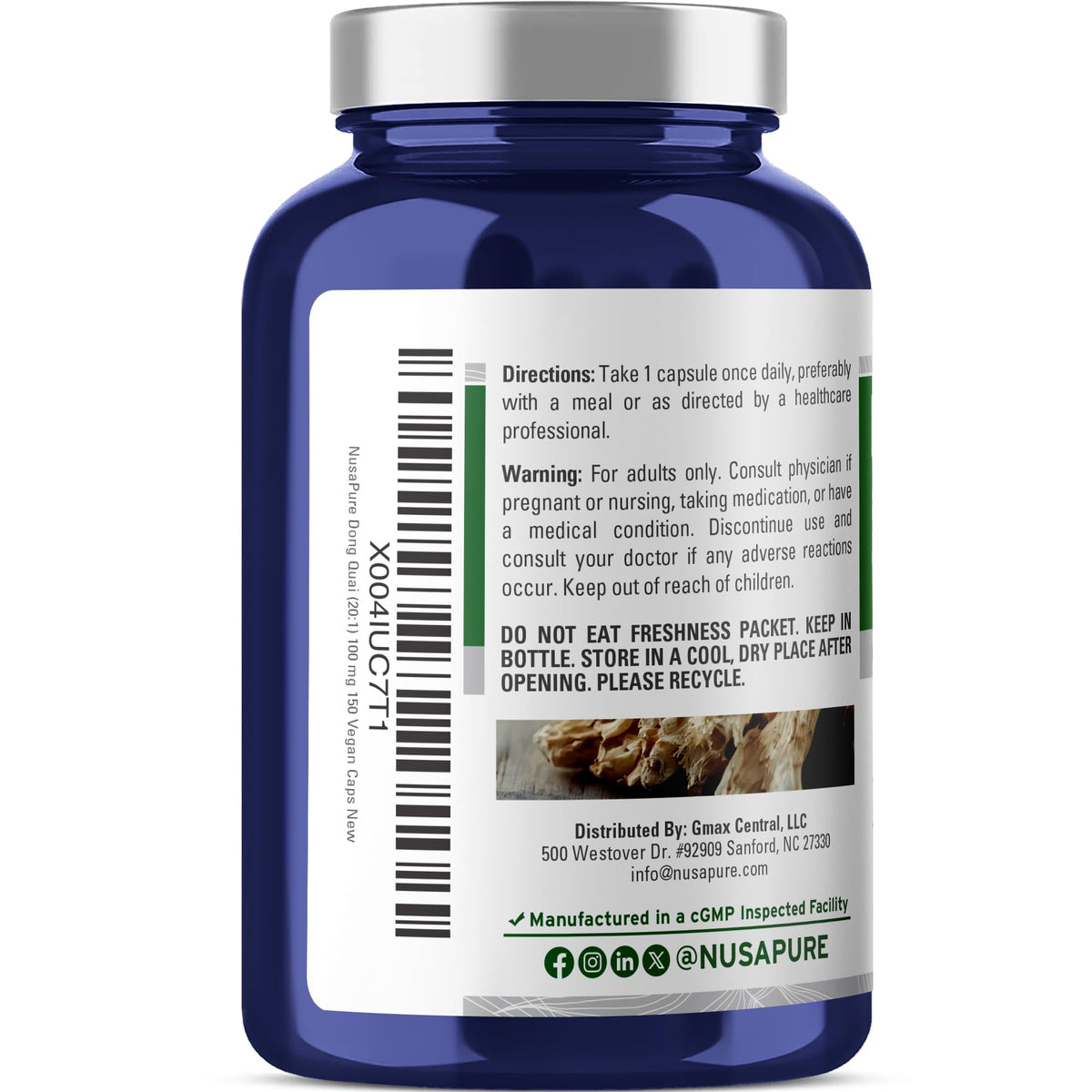 Side view of NusaPure Angelica sinensis extract capsules highlighting the vegan and non-GMO labels.