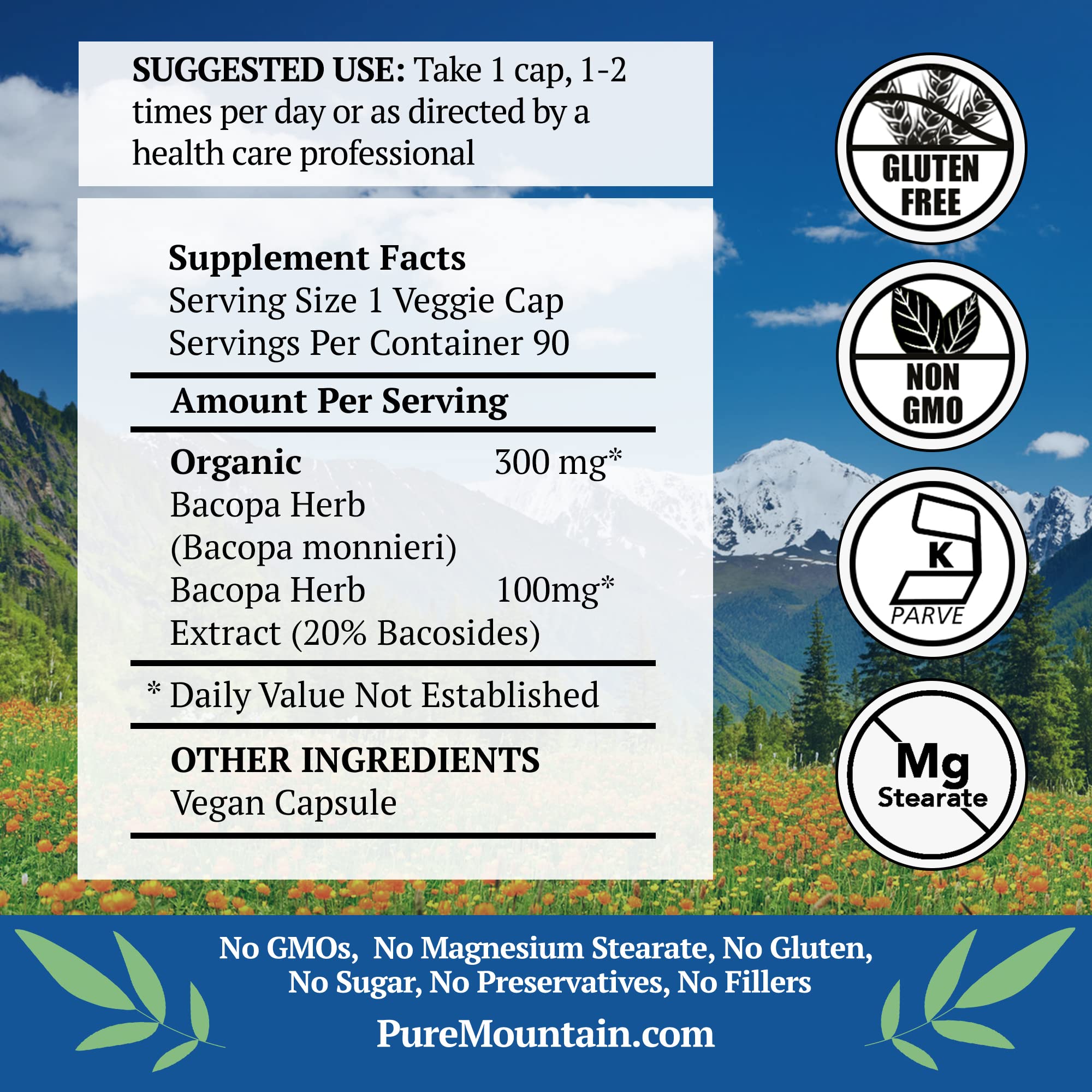 Pure Mountain Botanicals Brahmi supplement bottle showing organic ingredients list and clean supplement facts.