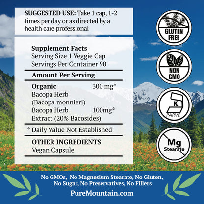 Pure Mountain Botanicals Brahmi supplement bottle showing organic ingredients list and clean supplement facts.