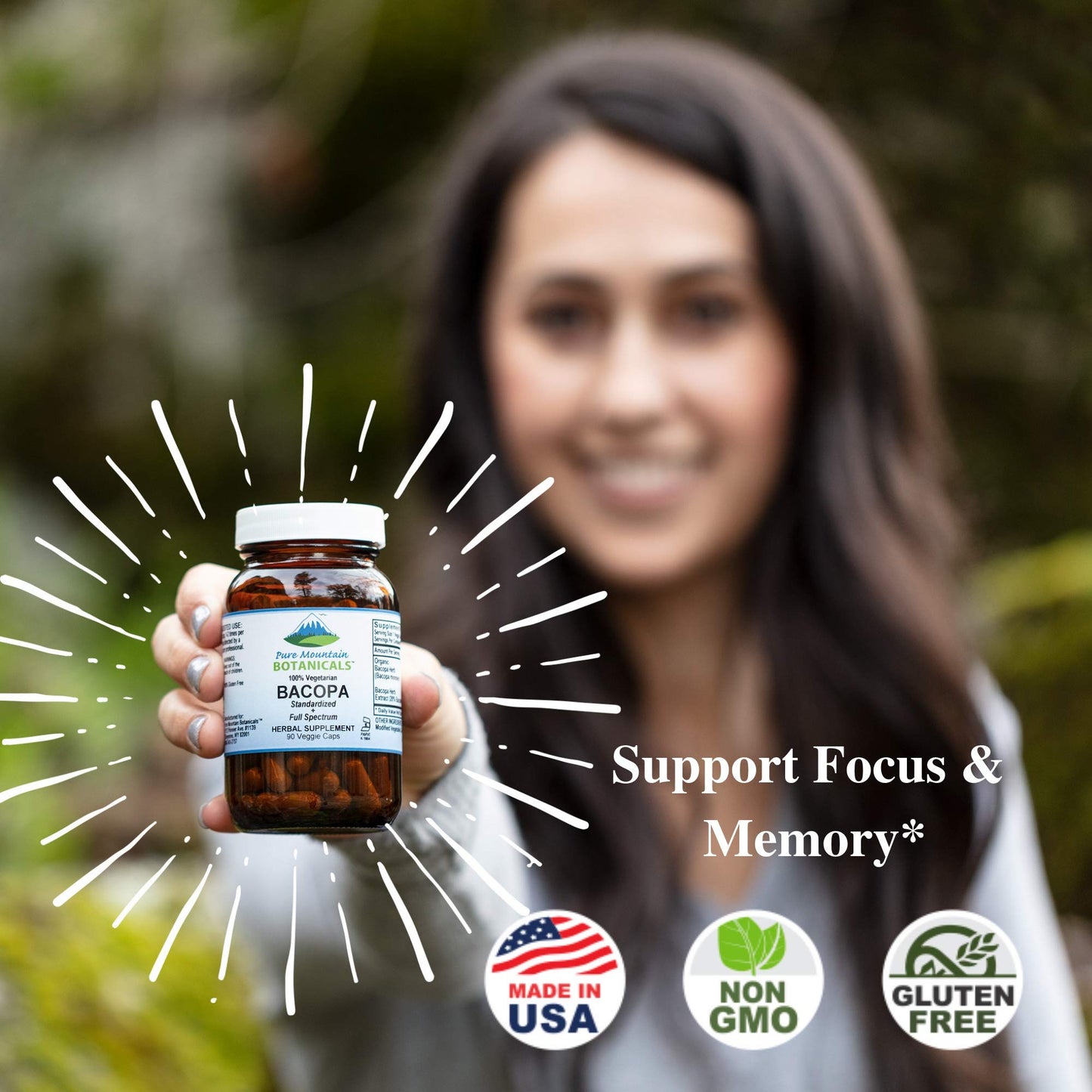 Premium USA imported vegan kosher Bacopa Monnieri capsules for natural stress relief and memory improvement.