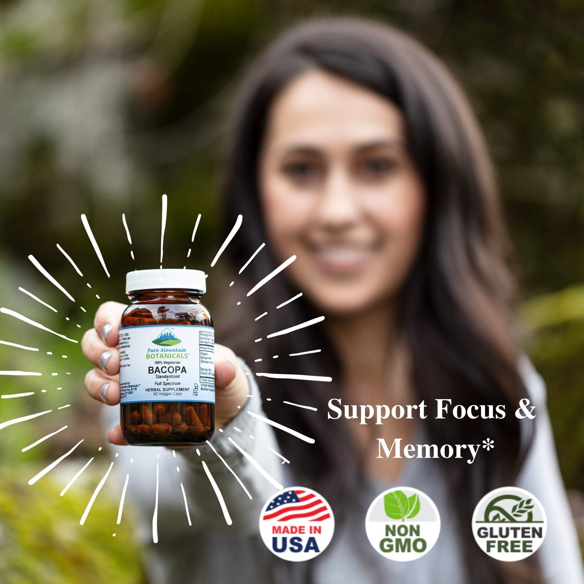 Premium USA imported vegan kosher Bacopa Monnieri capsules for natural stress relief and memory improvement.