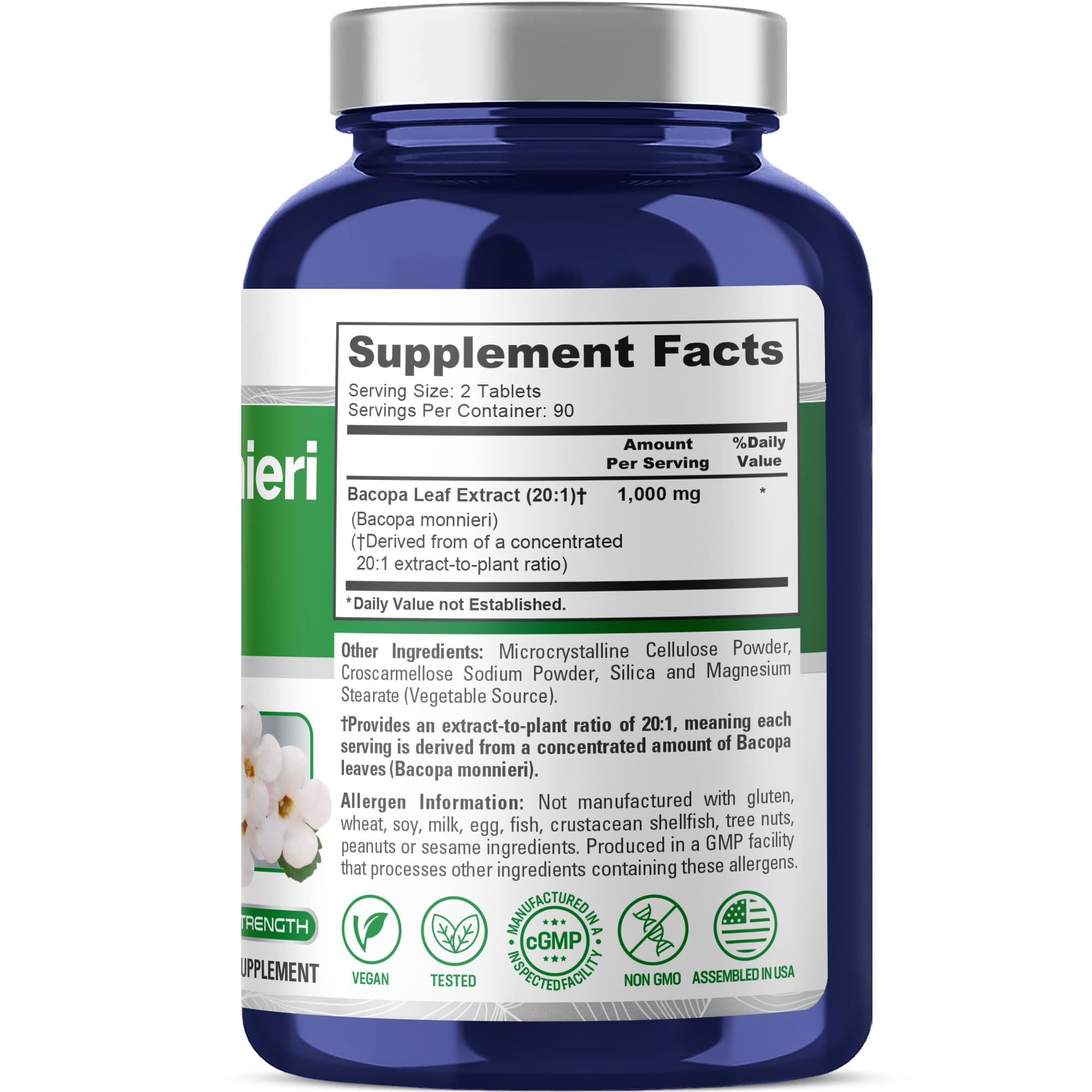 NusaPure Brahmi supplement 20000mg equivalent vegetarian tablets nutrition facts label.