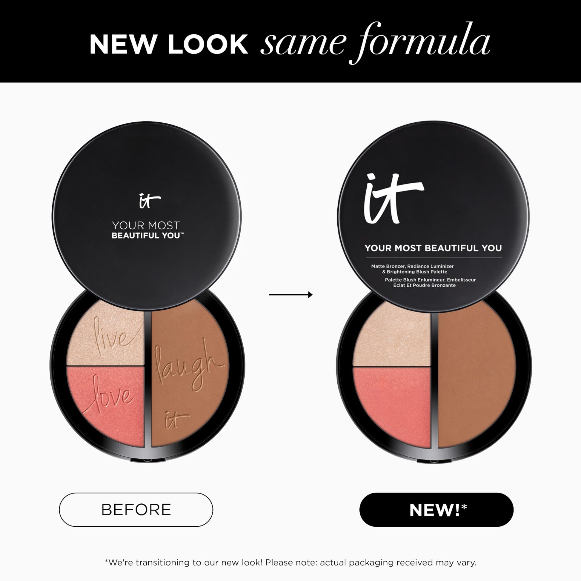 Close-up of the IT Cosmetics matte bronzer, radiance highlighter, and brightening pink blush compact for face sculpting.