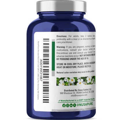 Imported USA NusaPure Bacopa Monnieri non-GMO and vegan certification badges on packaging.