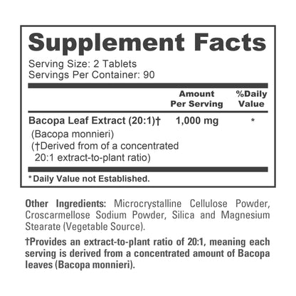 High potency 20:1 Bacopa Monnieri leaf extract supplement bottle standing upright.