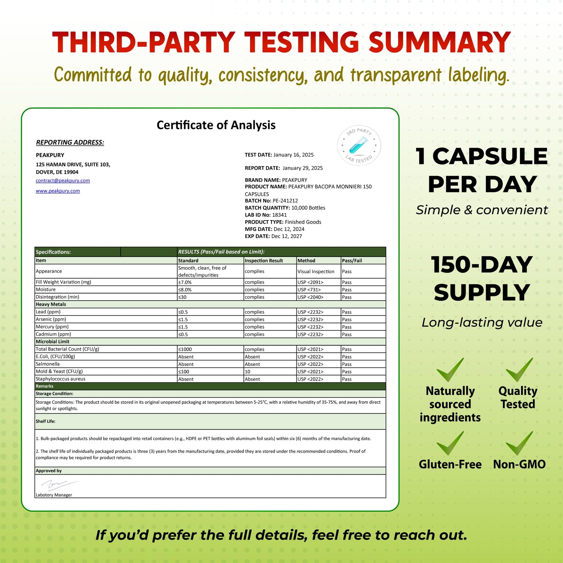 Packaging details of PEAKPURY nootropic blend demonstrating its 5 month continuous supply capability