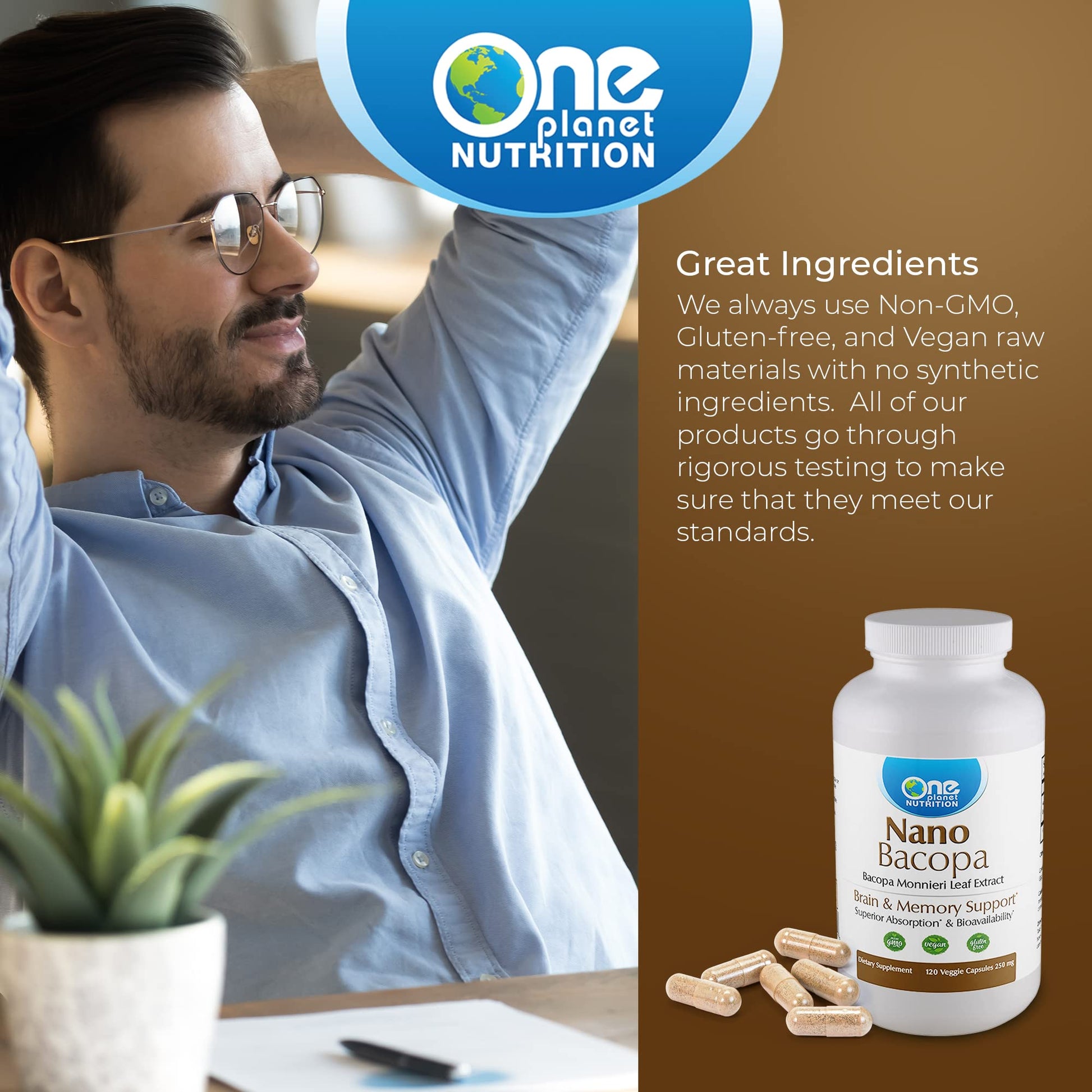 One Planet Nutrition vegan non-GMO nano technology supplement capsule display