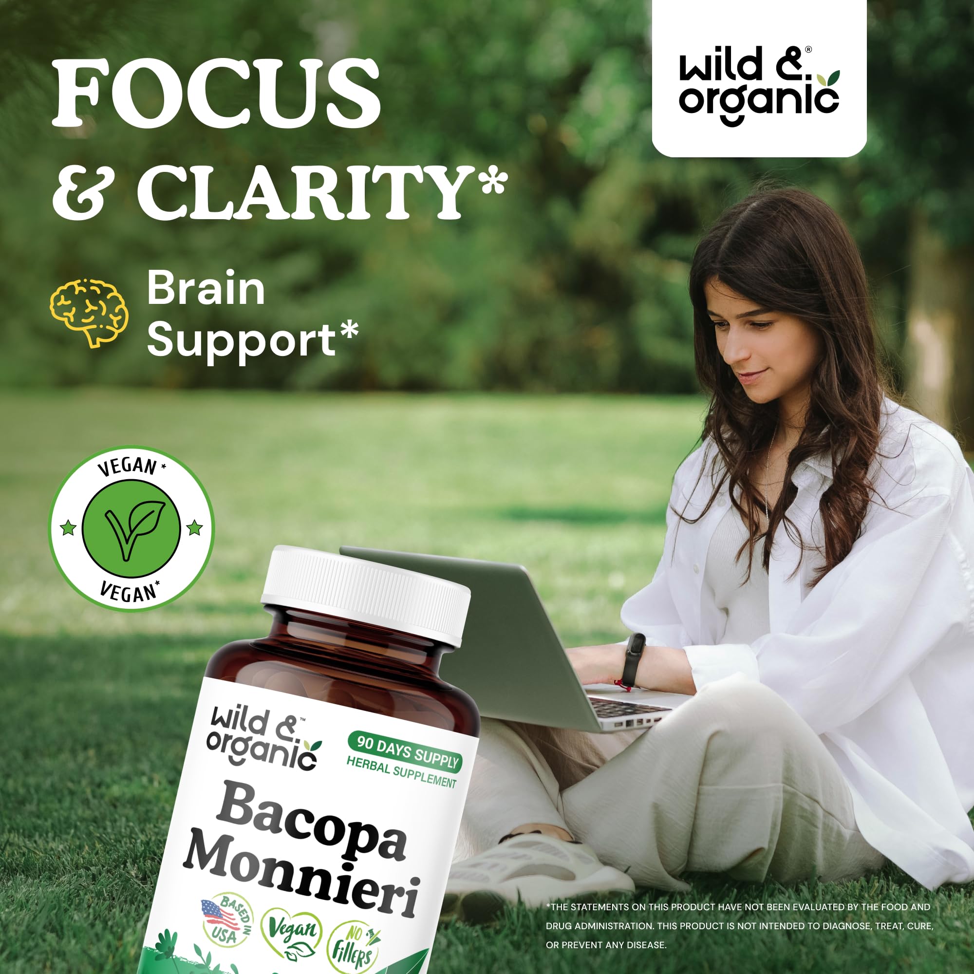 Wild and Organic Brahmi supplement 90 vegan capsules nutritional facts label.