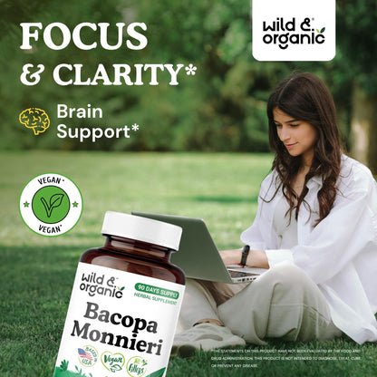 Wild and Organic Brahmi supplement 90 vegan capsules nutritional facts label.