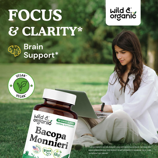 Wild and Organic Brahmi supplement 90 vegan capsules nutritional facts label.