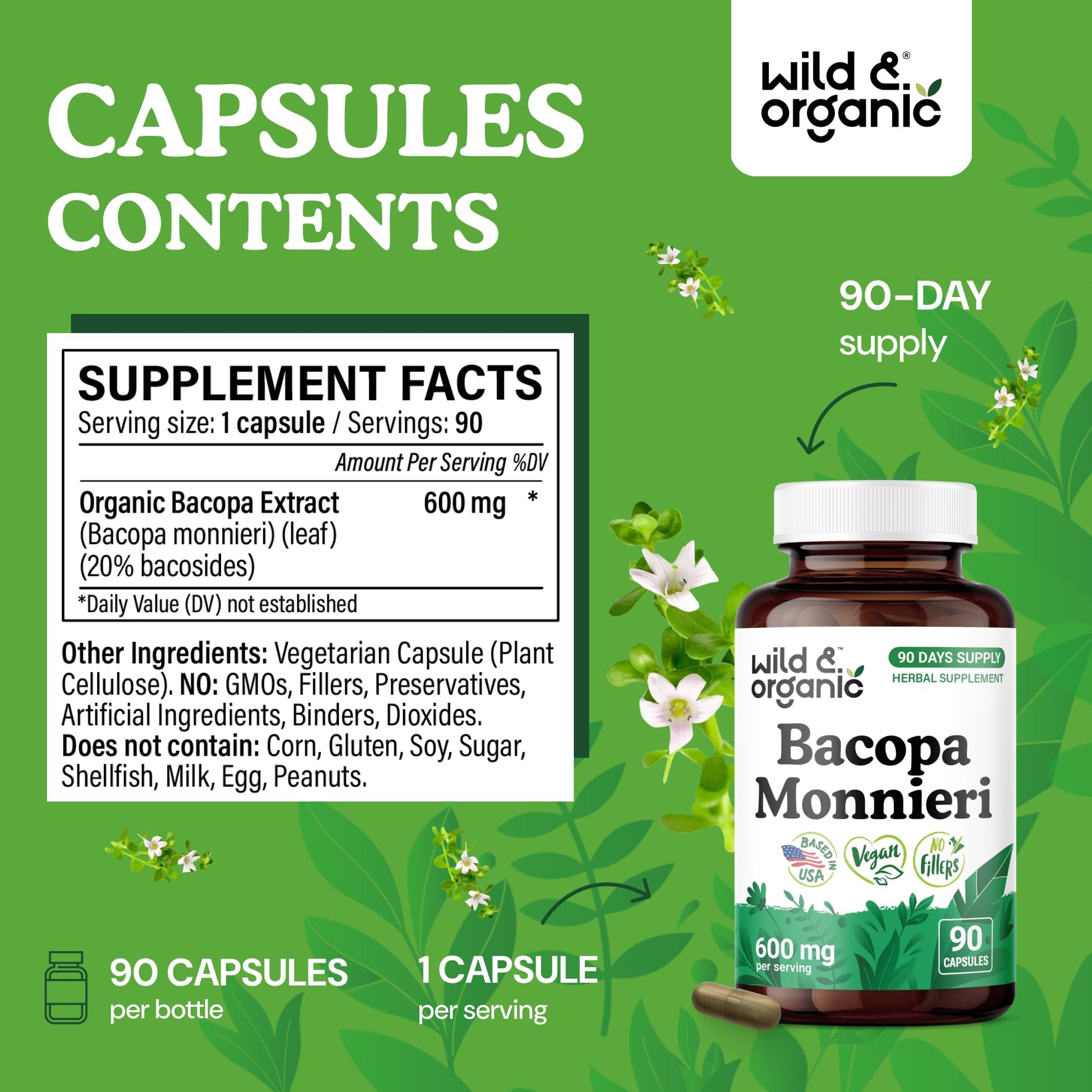 Wild and Organic Bacopa 600mg nootropic supplement for memory retention and focus.