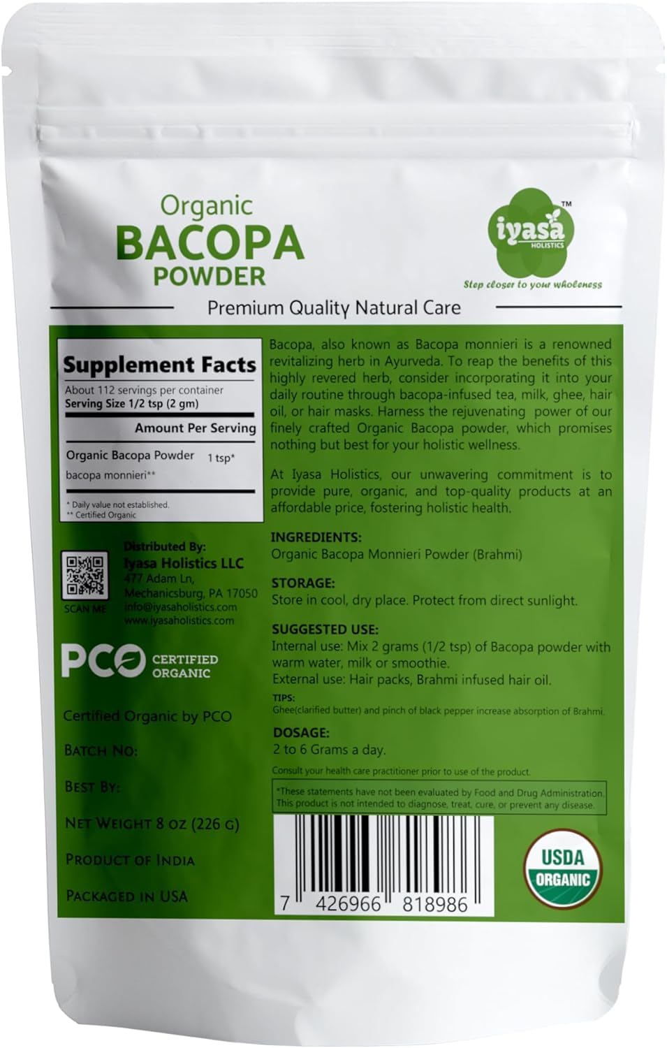 Back label of Iyasa Holistics Brahmi leaf powder displaying supplement facts and usage instructions.