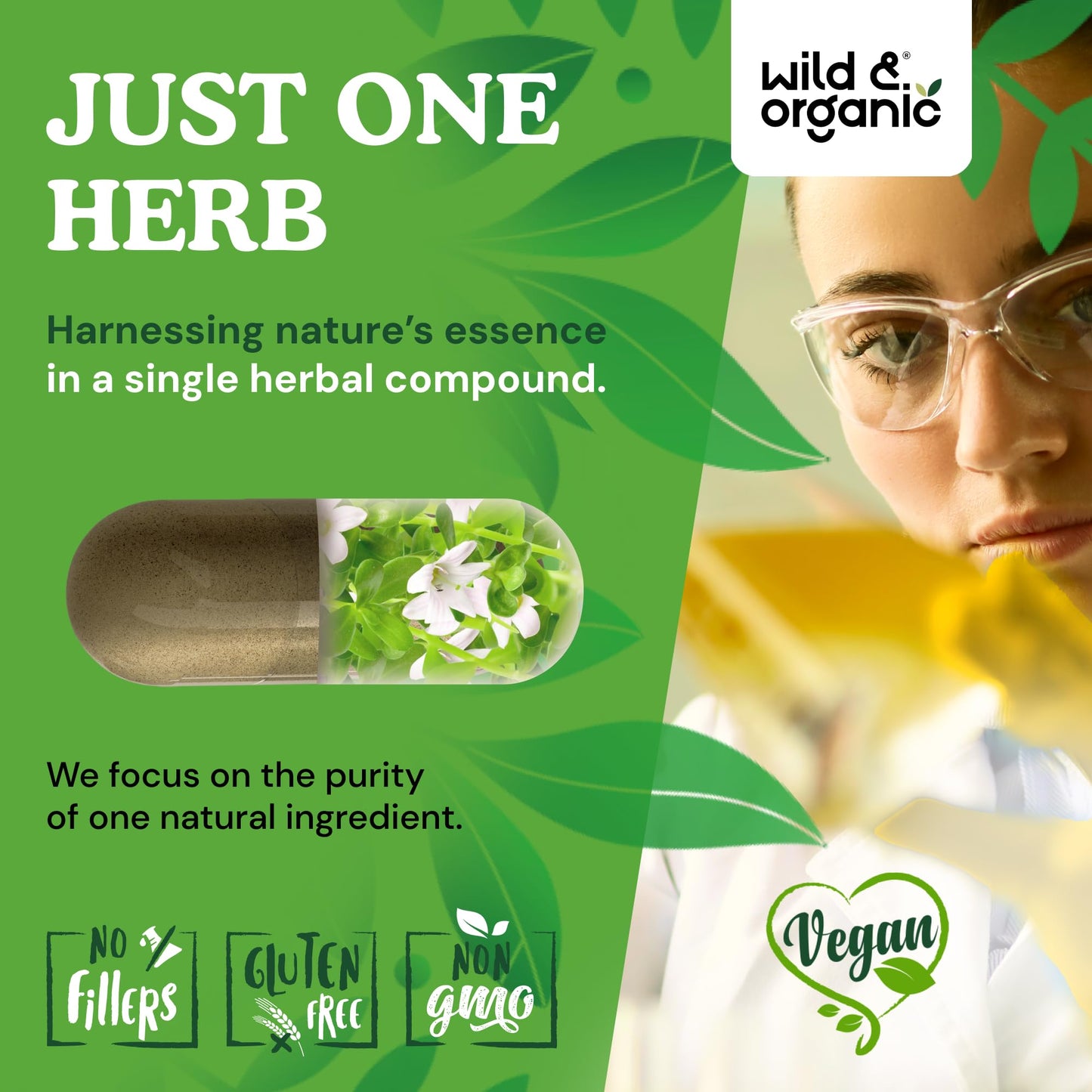 Wild and Organic natural memory booster bottle showing clean ingredients with no fillers.