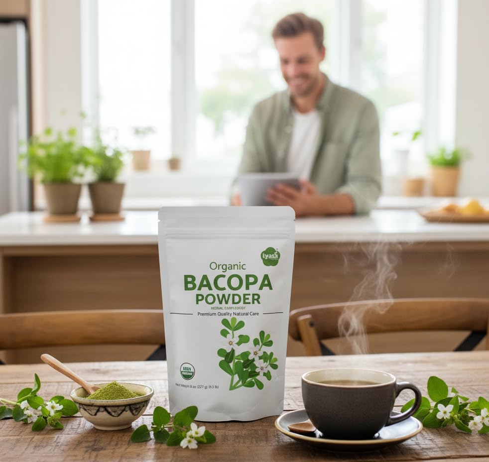Fine green organic Bacopa powder spilled next to the resealable pouch packaging.