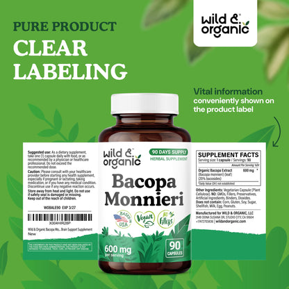 Close up view of Wild and Organic cognitive support daily vegetarian capsules.