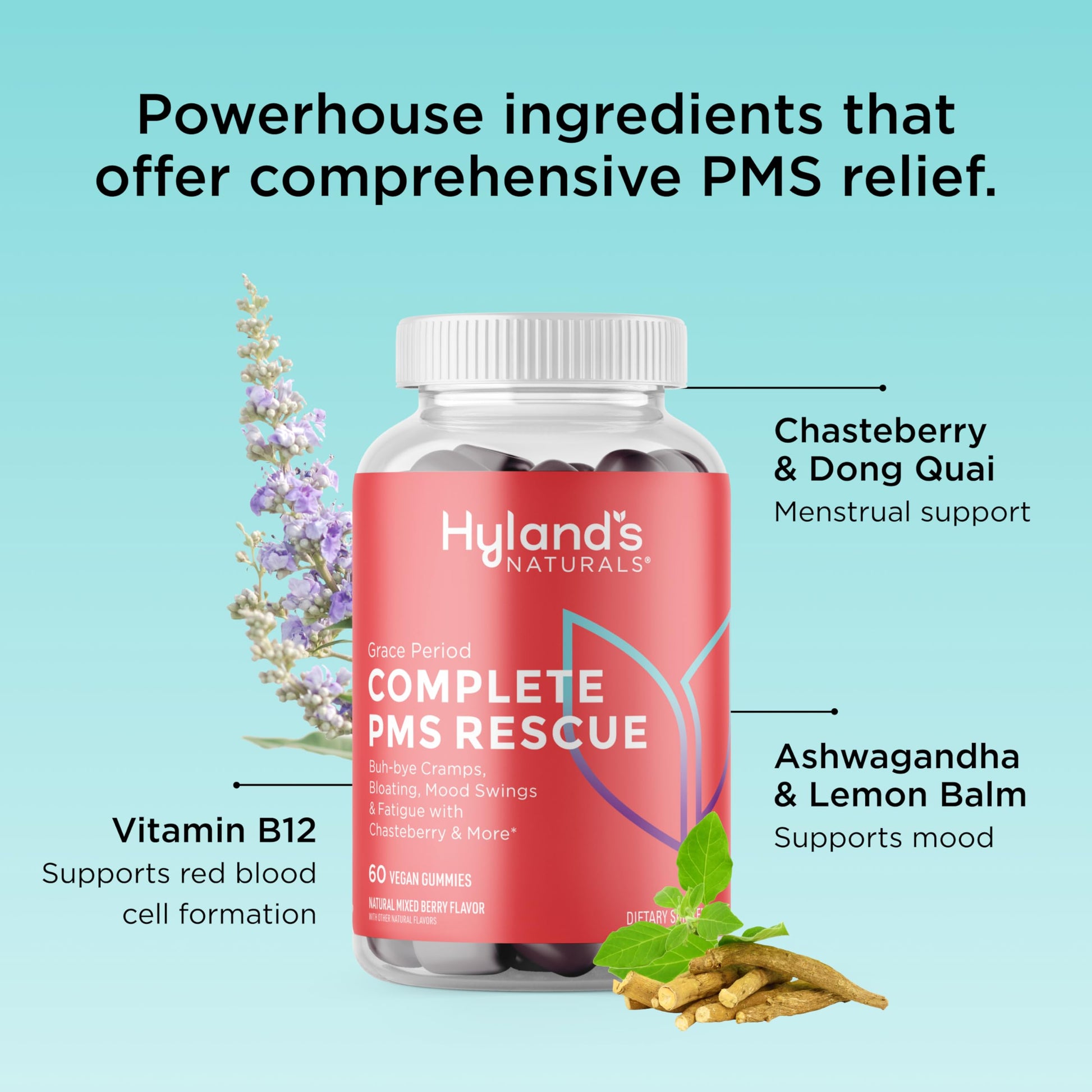 Hyland's Grace Period chewable vitamins lifestyle image highlighting natural ingredients like chasteberry.