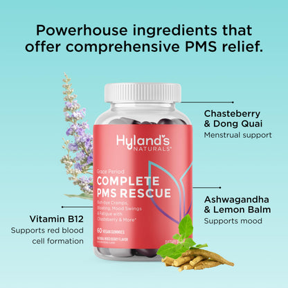 Hyland's Grace Period chewable vitamins lifestyle image highlighting natural ingredients like chasteberry.