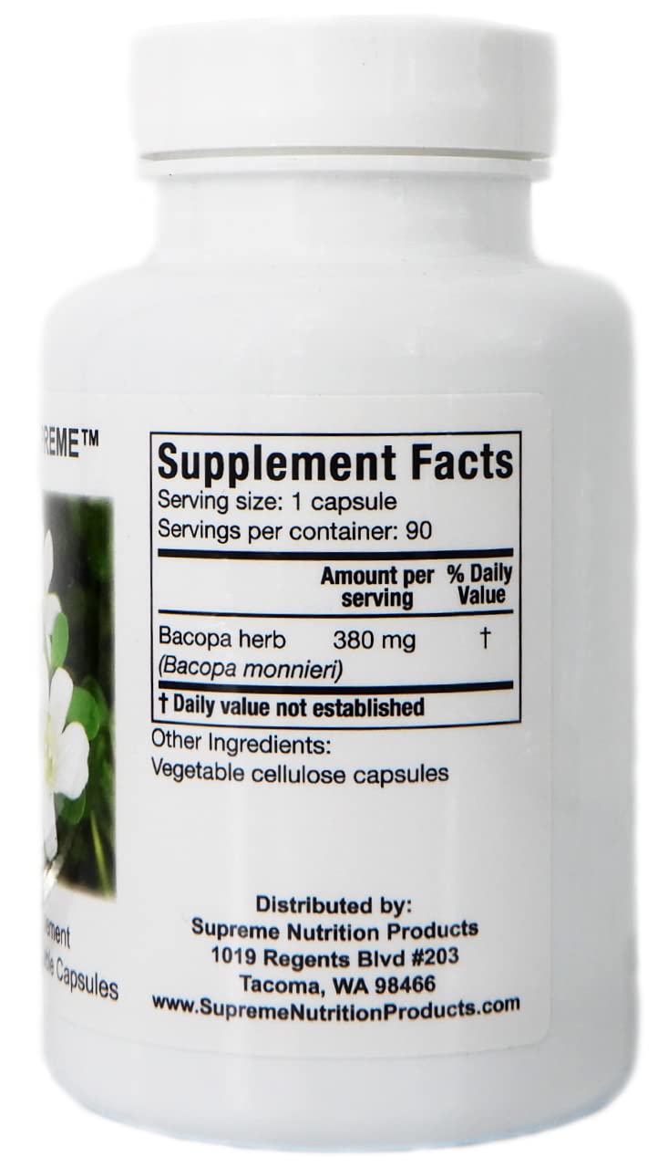 Supreme Nutrition Products Bacopa supplement bottle side view detailing the pure ingredient facts