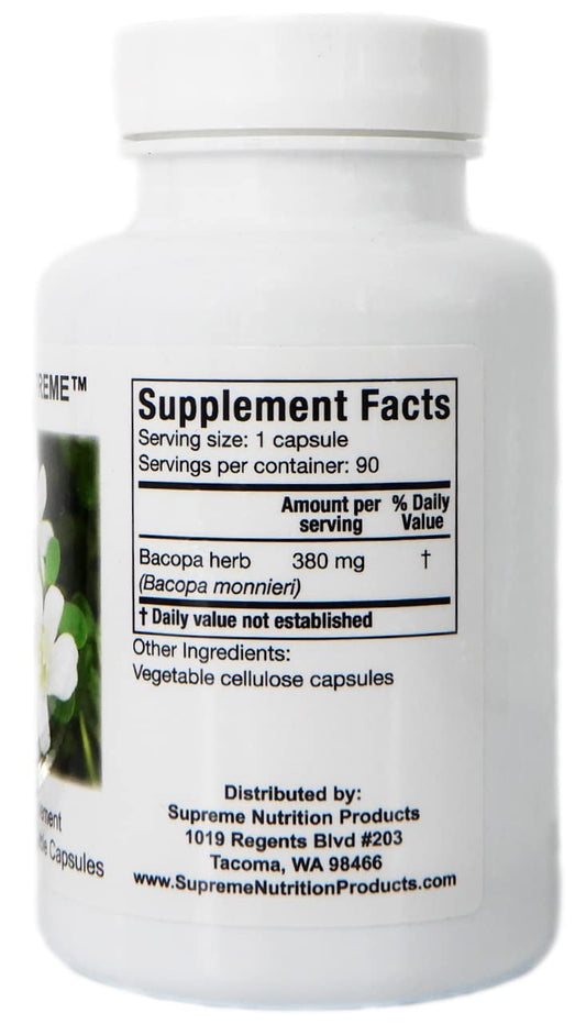 Supreme Nutrition Products Bacopa supplement bottle side view detailing the pure ingredient facts