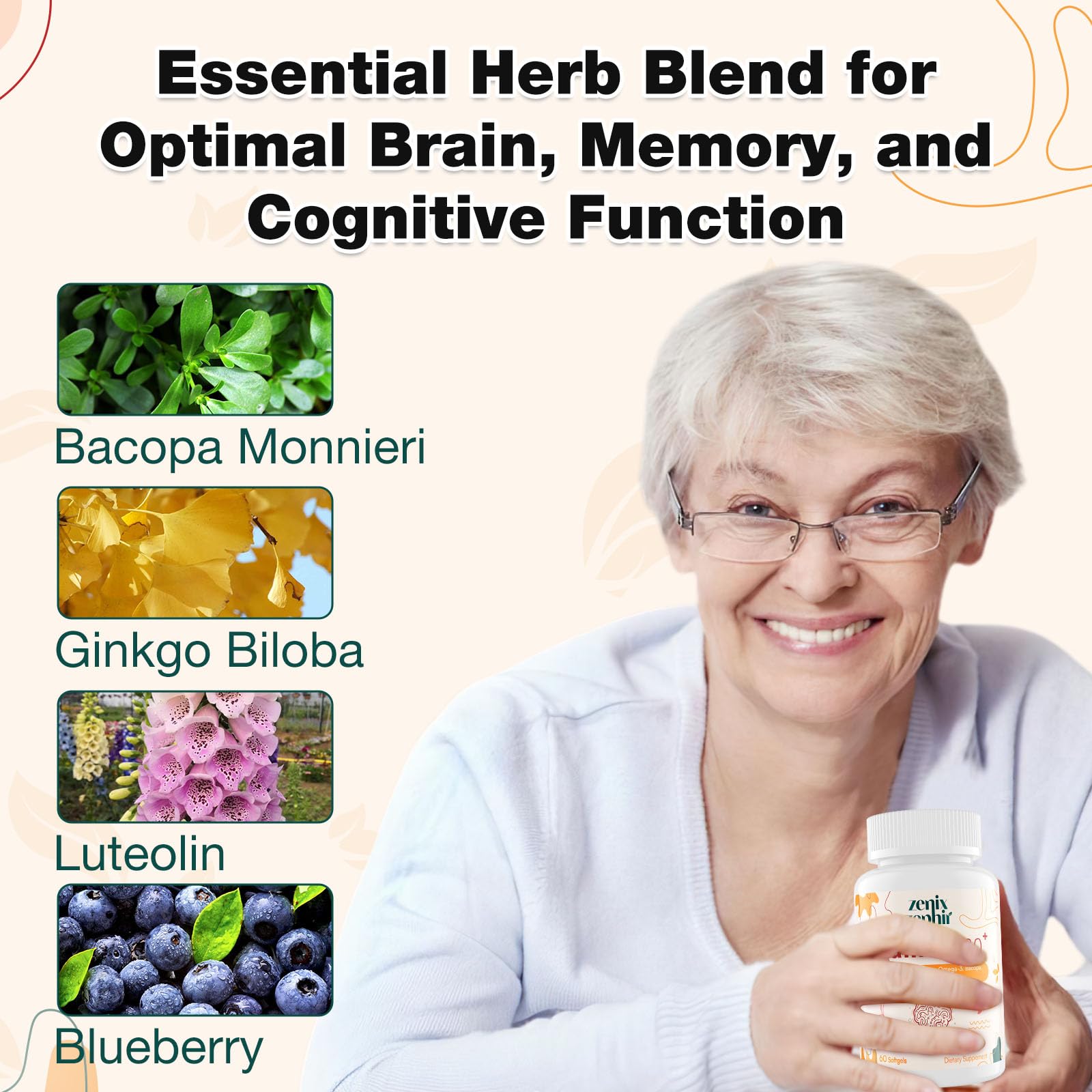 ZenixZephir brain health supplement bottle featuring Omega 3 and Bacopa Monnieri ingredients.