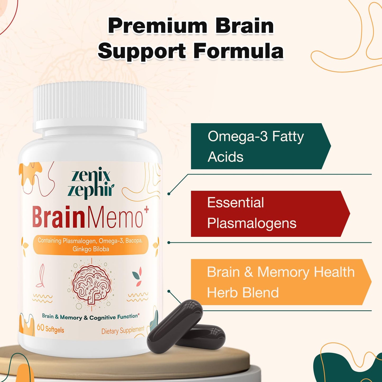 Side view of imported USA memory support softgels highlighting clear supplement facts.