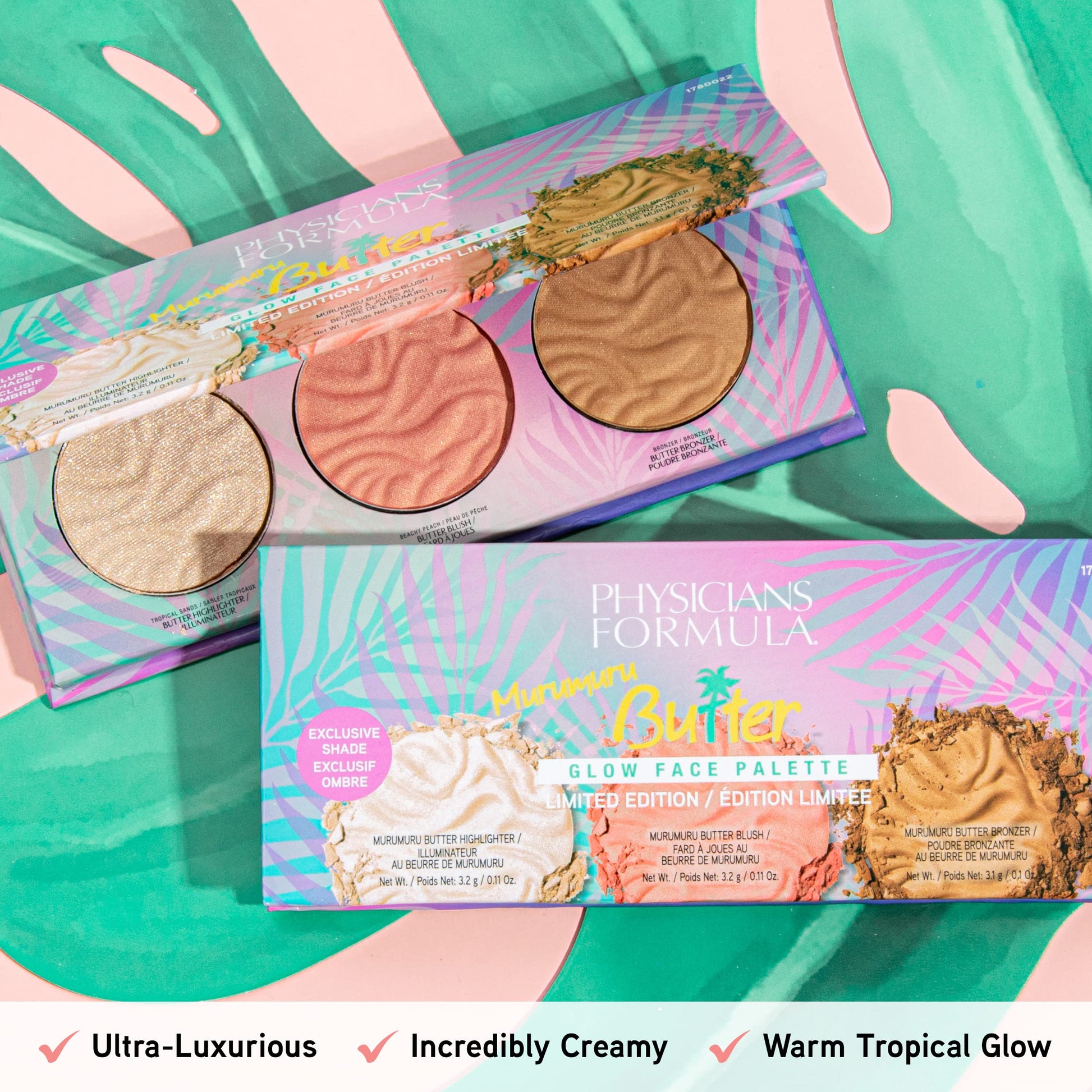 Swatches of the Physicians Formula Murumuru Butter Bronzer Blush and Highlighter on skin