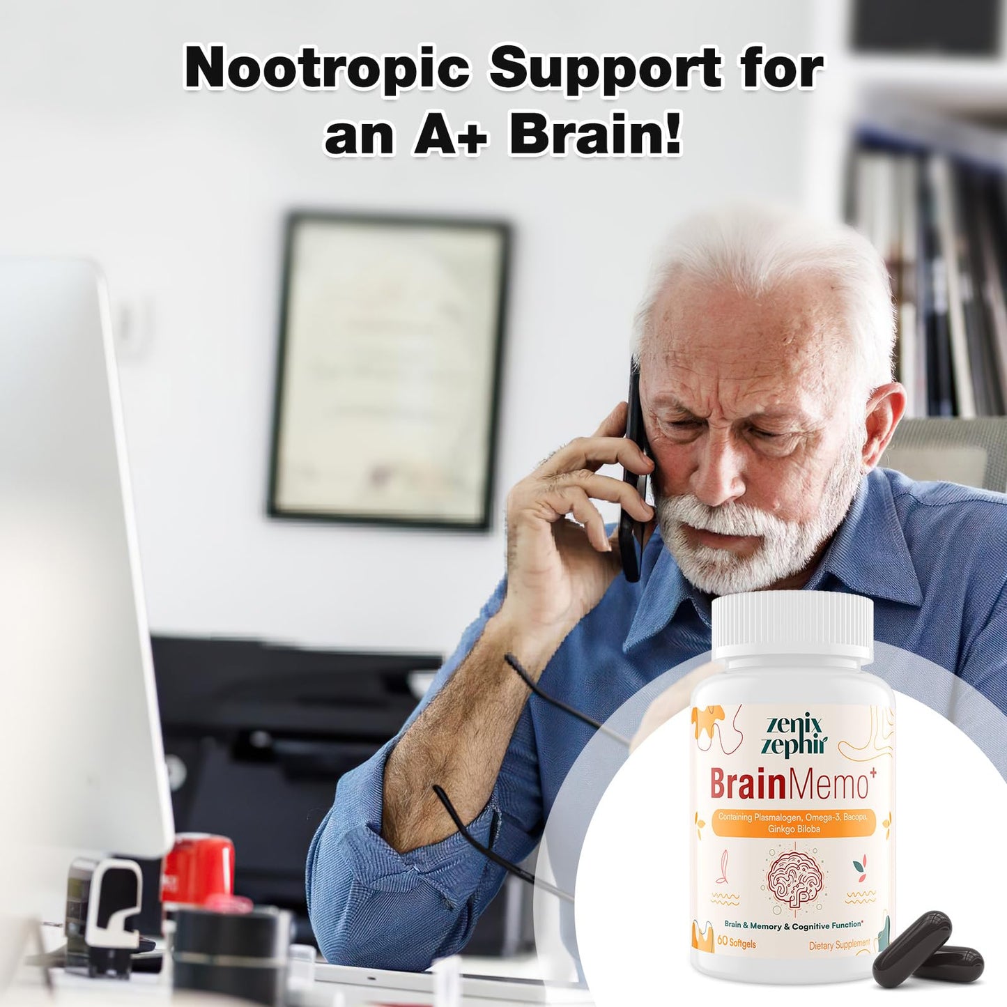 Premium non GMO brain health softgels bottle for adult memory retention support.