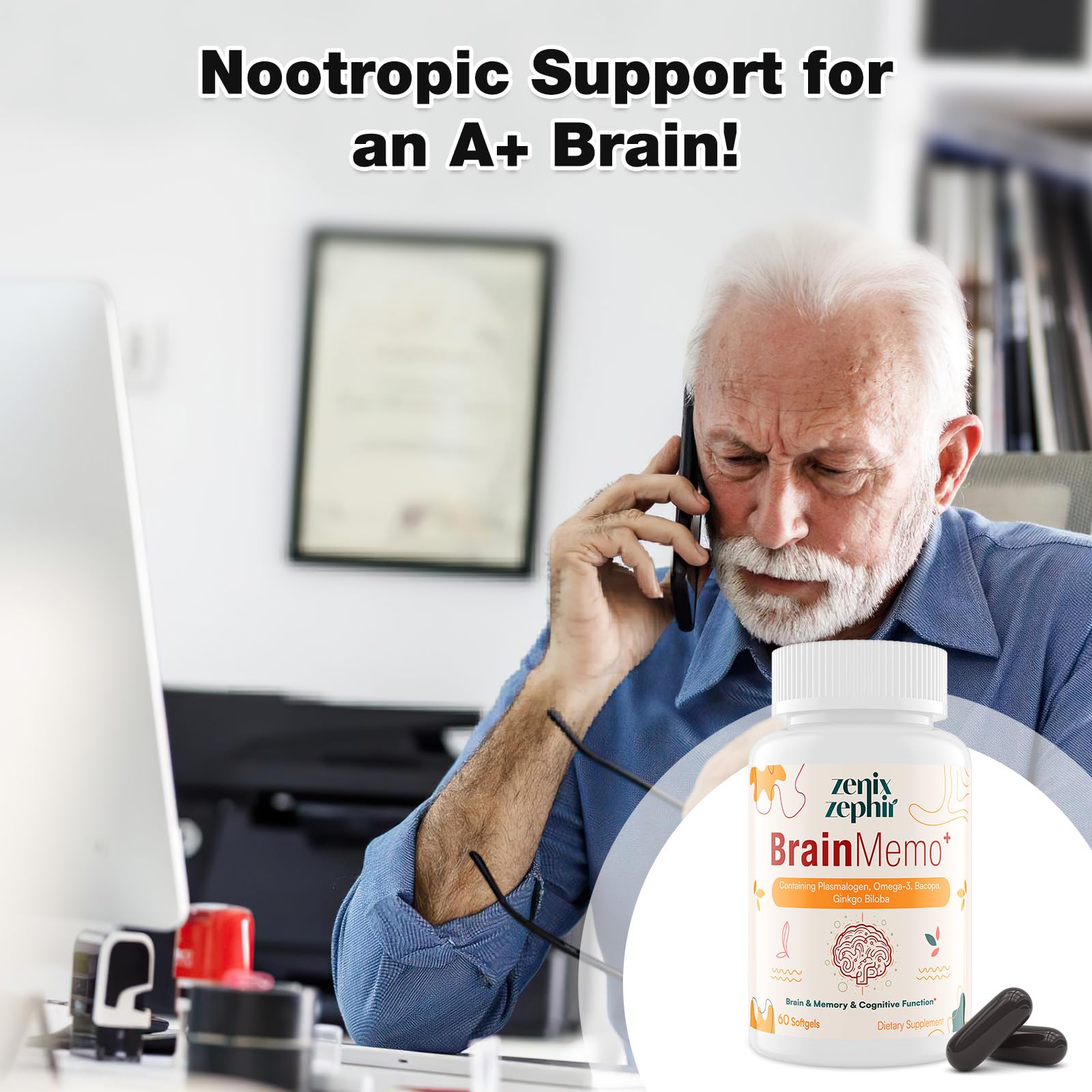 Premium non GMO brain health softgels bottle for adult memory retention support.