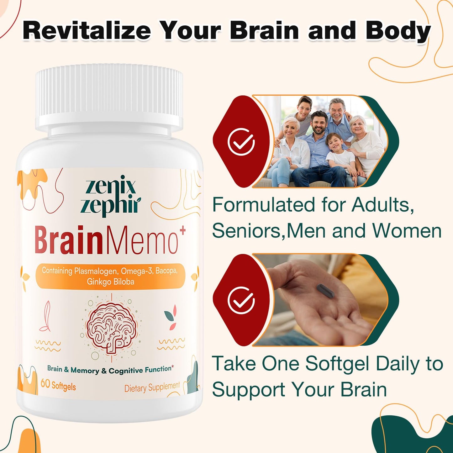 Sixty softgels bottle of USA sourced memory and concentration booster formula.