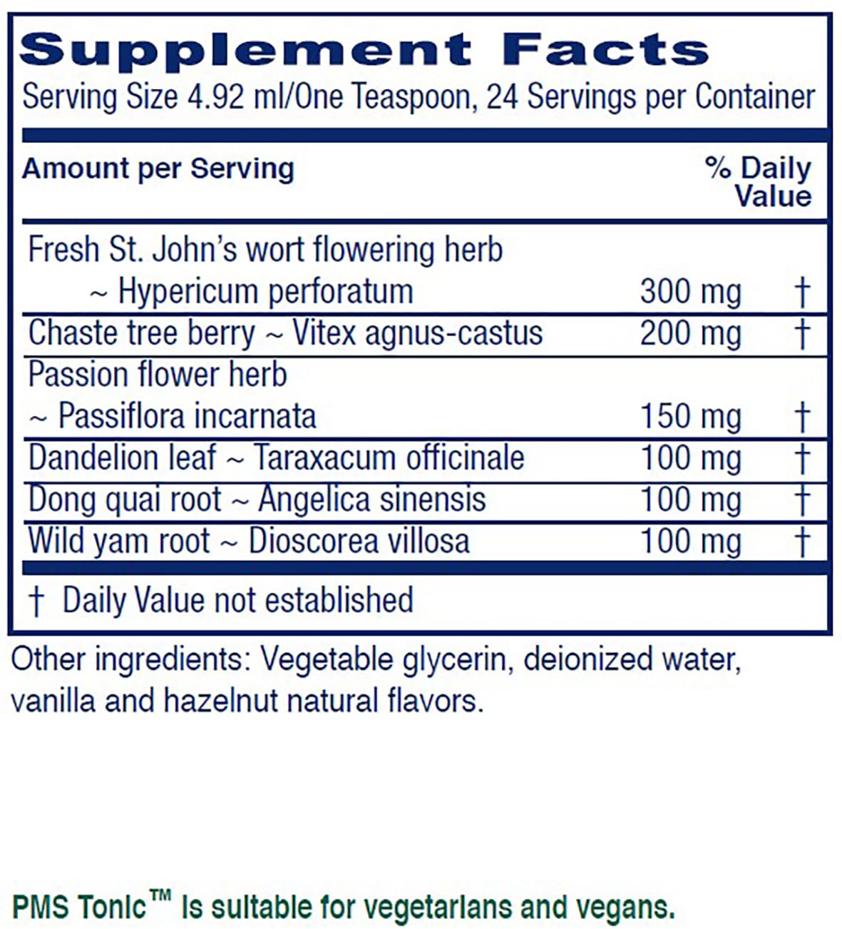Vitanica liquid herbal supplement bottle displaying dietary ingredients for hormone balance.
