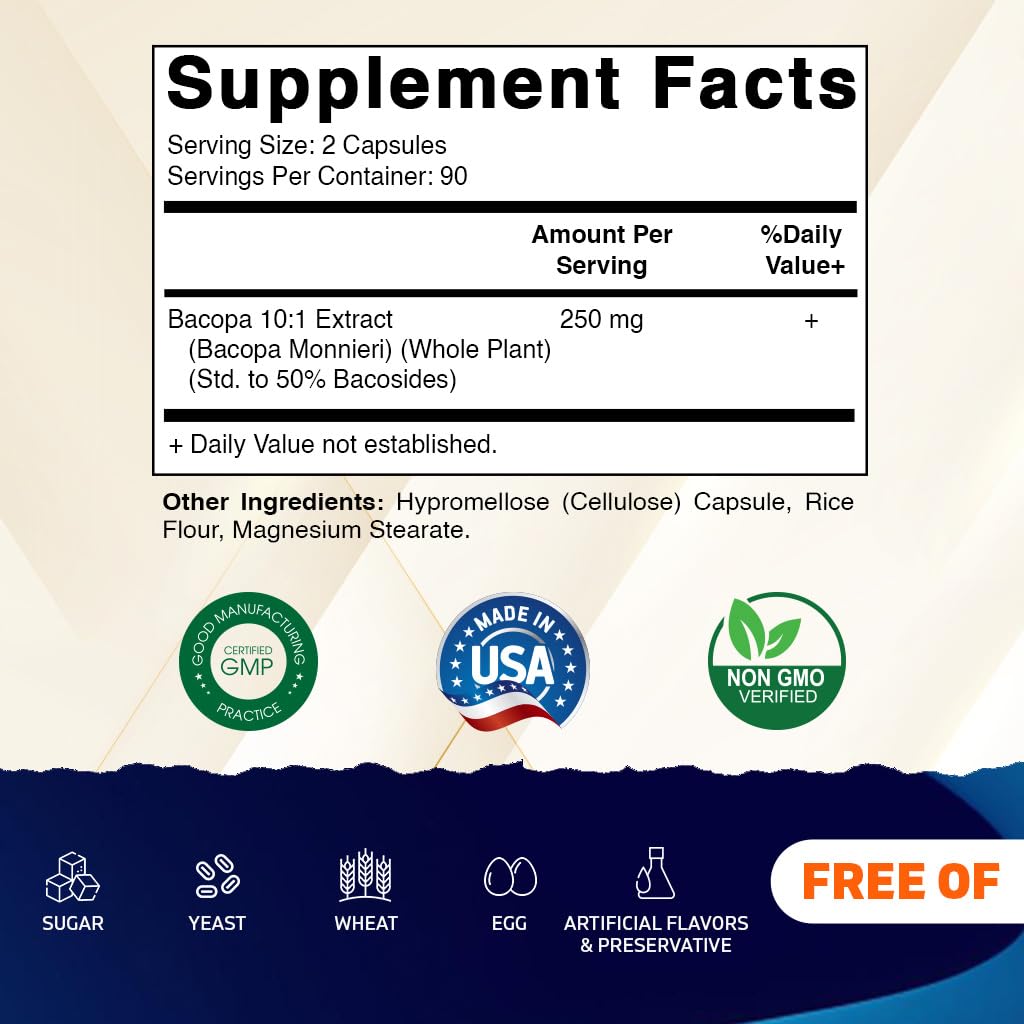 Vitamatic Bacopa Monnieri 10 to 1 plant based botanical extract capsules supplement facts label