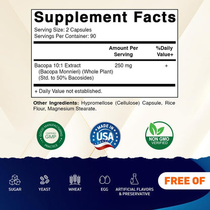 Vitamatic Bacopa Monnieri 10 to 1 plant based botanical extract capsules supplement facts label