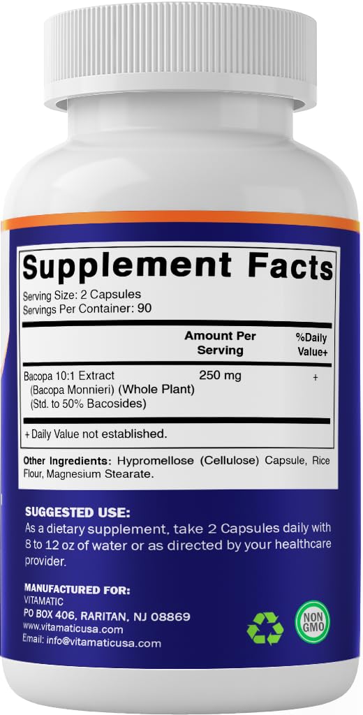 Vitamatic Bacopa Monnieri 180 counts premium herbal dietary supplement packaging details
