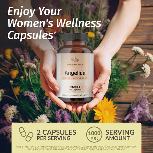 HERBAMAMA Angelica root capsules 100 vegan count packaging details and ingredient list.