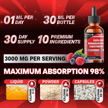 Tenmido women health liquid extract bottle displaying the 10-in-1 natural botanical formula