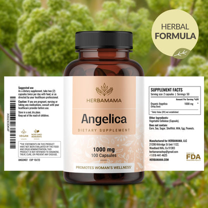 Nutritional facts panel on the back of HERBAMAMA Angelica root vegan capsules.