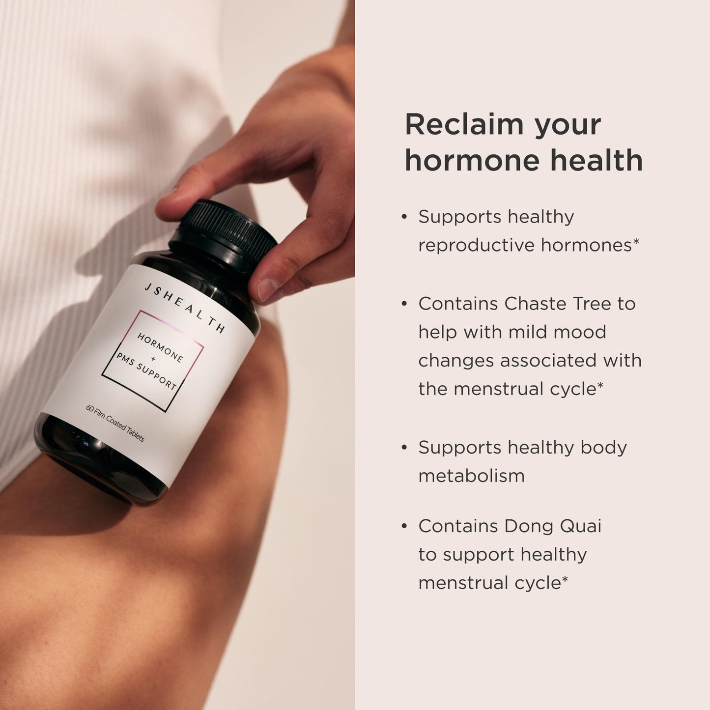 JSHealth Vitamins Hormone and PMS Support bottle displaying ingredient facts list clearly.