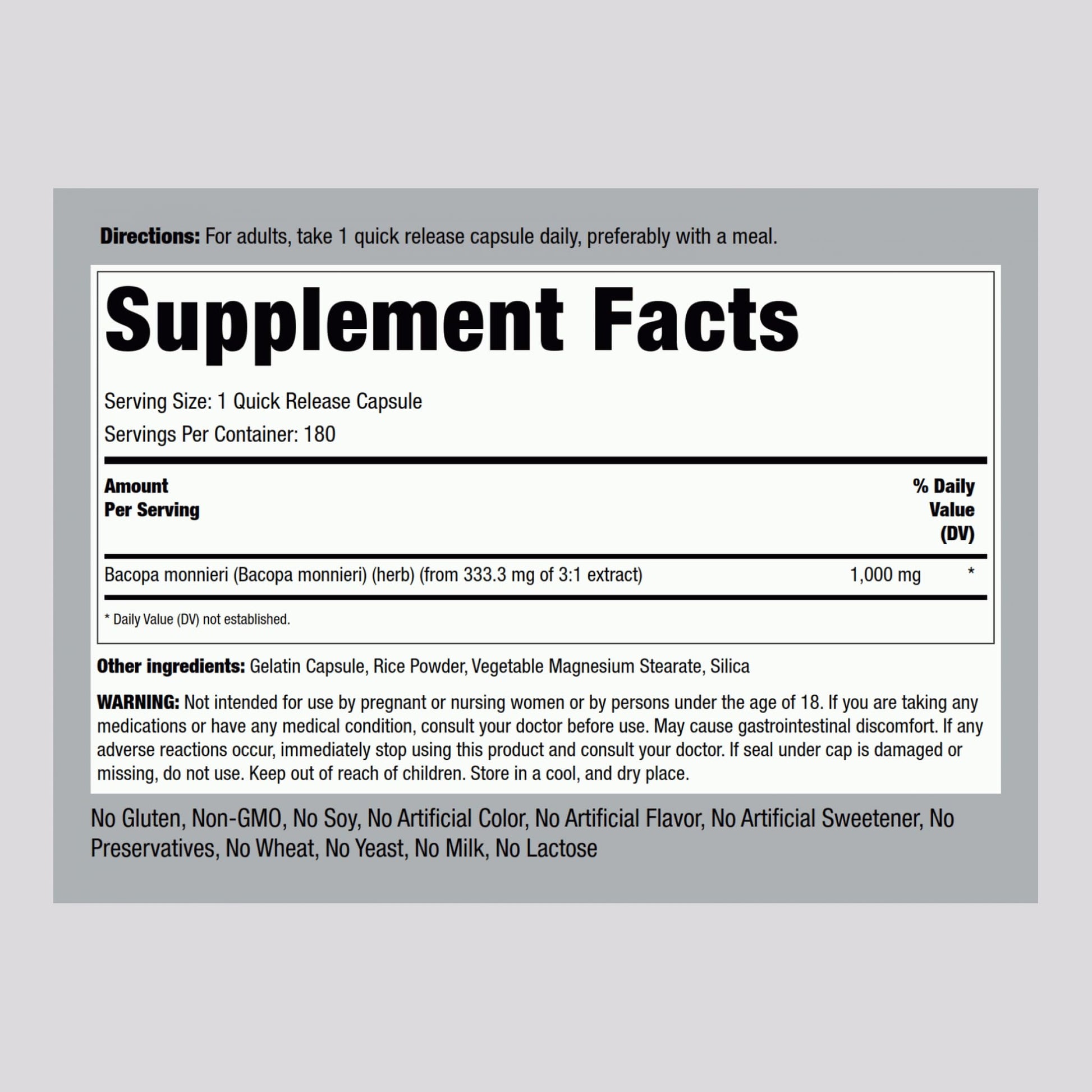 Piping Rock Brahmi supplement facts panel and nutritional ingredients list