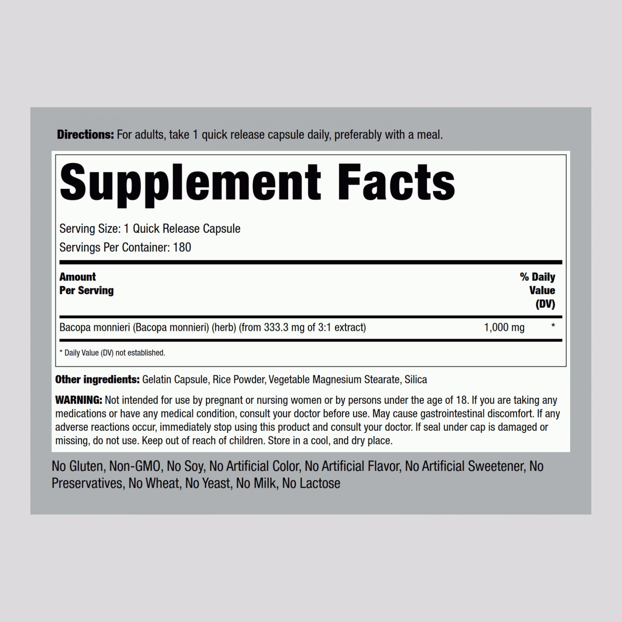 Piping Rock Brahmi supplement facts panel and nutritional ingredients list