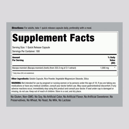 Piping Rock Brahmi supplement facts panel and nutritional ingredients list
