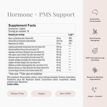 JSHealth female hormone balance tablets packaging showcasing the certified vegan logo details.