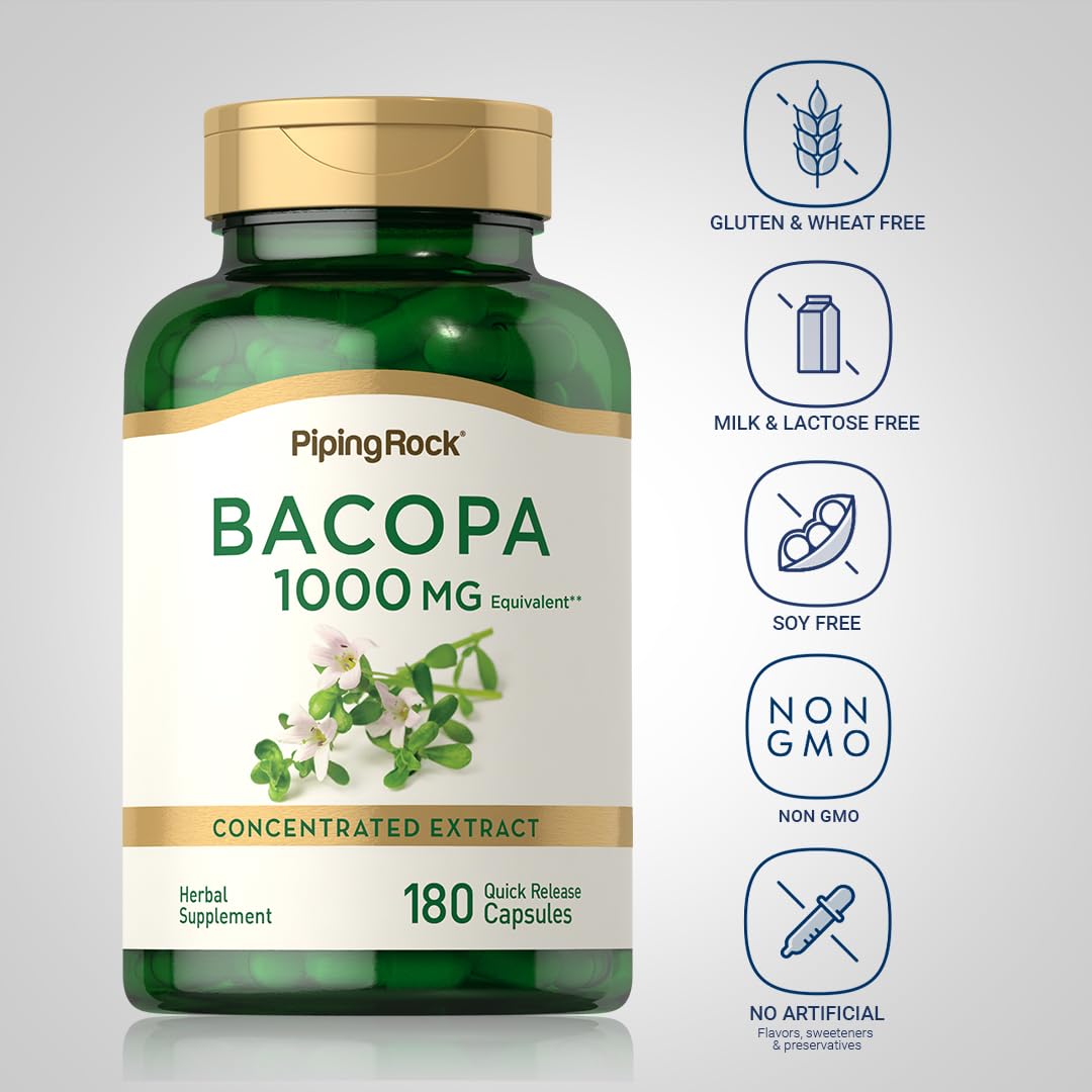 Side angle of Piping Rock Bacopa Monnieri bottle highlighting non-GMO and gluten-free labels