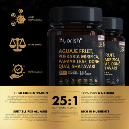 Authentic imported Ayorish veggie capsules bottle displaying aguaje fruit premium herbal ingredients.