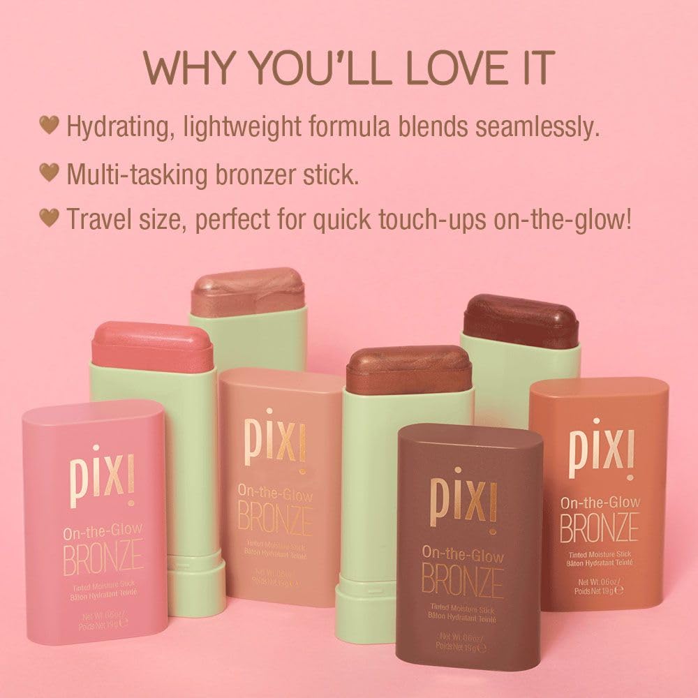 Pixi SoftGlow multi-use bronzer stick with cap off showcasing the rosy bronze hue.